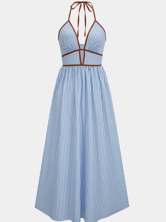 Dresses & Skirts - Striped Blue Halter Maxi Dress with Brown Trim